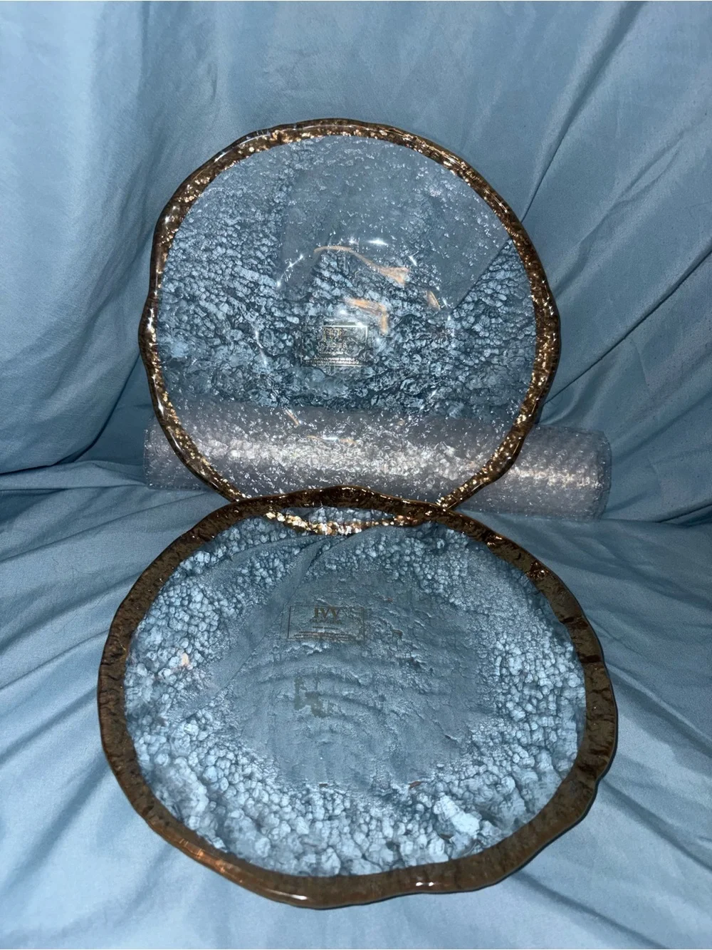 Set of 2 Vintage lVV Glacier Italy 10in Plates Art Glass 10k Gold Rim
